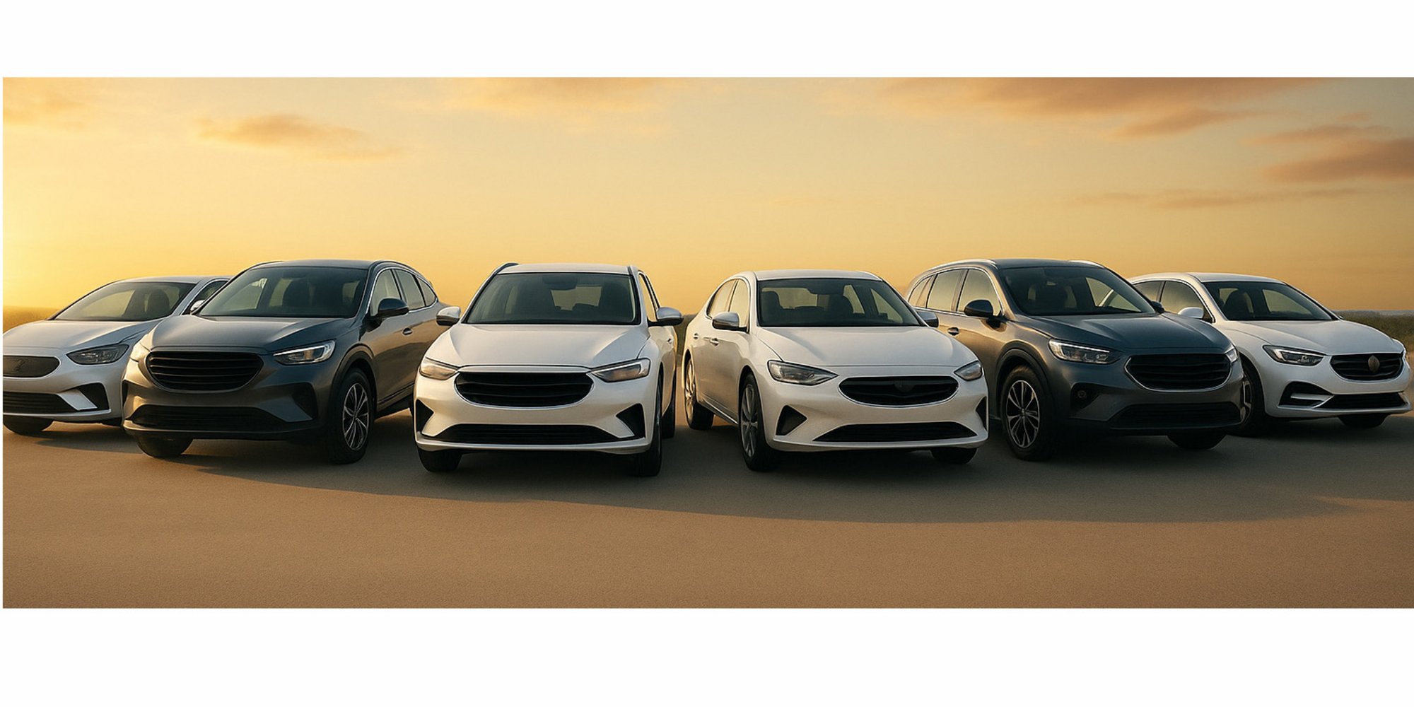 Fünf moderne Pkw in einer Reihe vor Sonnenuntergang, bestehend aus weißen und grauen Limousinen sowie SUVs, frontal nebeneinander aufgestellt.